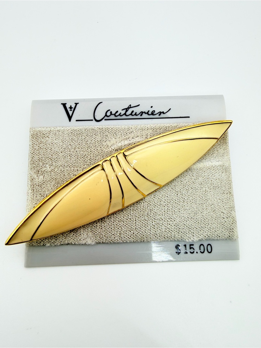 Vintage Cream Enamel Gold Tone Modernist Bar Brooch